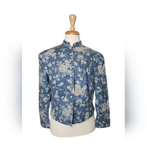 Ralph Lauren Blue Floral Linen Jacket Cottagecore Coastal Grandma Size 16